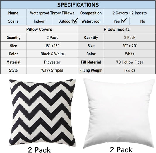 18" x 18" Throw Pillows with Inserts, Pack of 2 Outdoor Waterproof Striped Pillow, Square Decorative Pillows for Patio Furniture Garden Couch Sofa Home (Black Wavy Stripes)