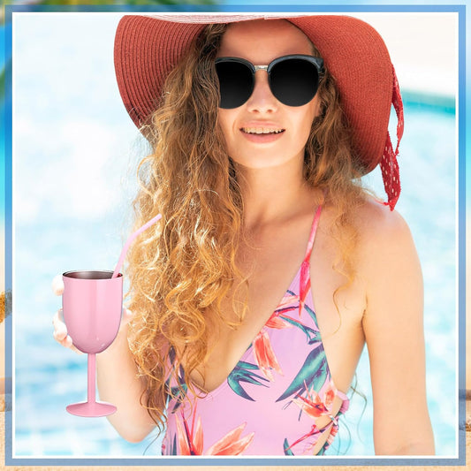 2 Pack Insulated Wine Glass 10 oz Stainless Steel Margarita Tumbler with Lid and Straw Vacuum Sealed Mug Wine Cup Gift for Women Men Christmas Birthday(Pink,Typical)