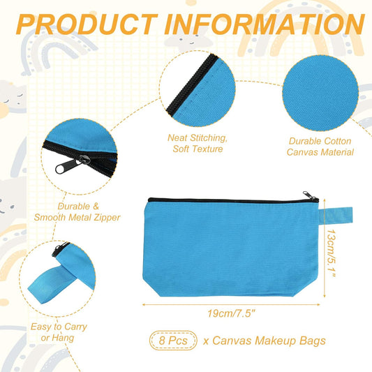 8 Pcs Cotton Canvas Makeup Bag, 7.5x5.1 Makeup Pouch with Zipper and Strap, Multipurpose Plain Toiletry Zipper Pouches Blank DIY Craft Pencil Bag for Women Teens, Light Blue