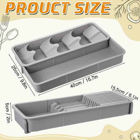 2 Pcs Knife & Silverware Drawer Organizer Holds 9 Knives with Flatware Tray Drawer Store Compact Utensil Organizer For Kitchen Silverware