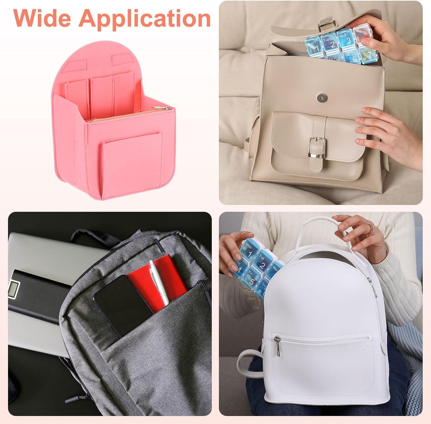 Purse Organizer Insert, Portable Felt Organizer Bags with Metal Zipper Multiple Compartments Purse Liner for Backpack Rucksack Handbag Shoulder Bag (7.7" x 5" x 11", Pink)
