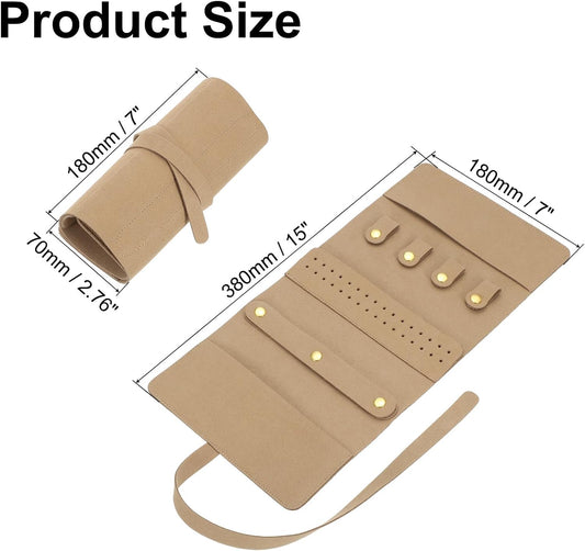 Travel Jewelry Bag Roll, Foldable Jewelry Travel Organizer with Tie Close Microfiber Jewelry Storage Roll Jewelry Case for Women Gift Necklaces Earrings Rings Bracelets, Khaki
