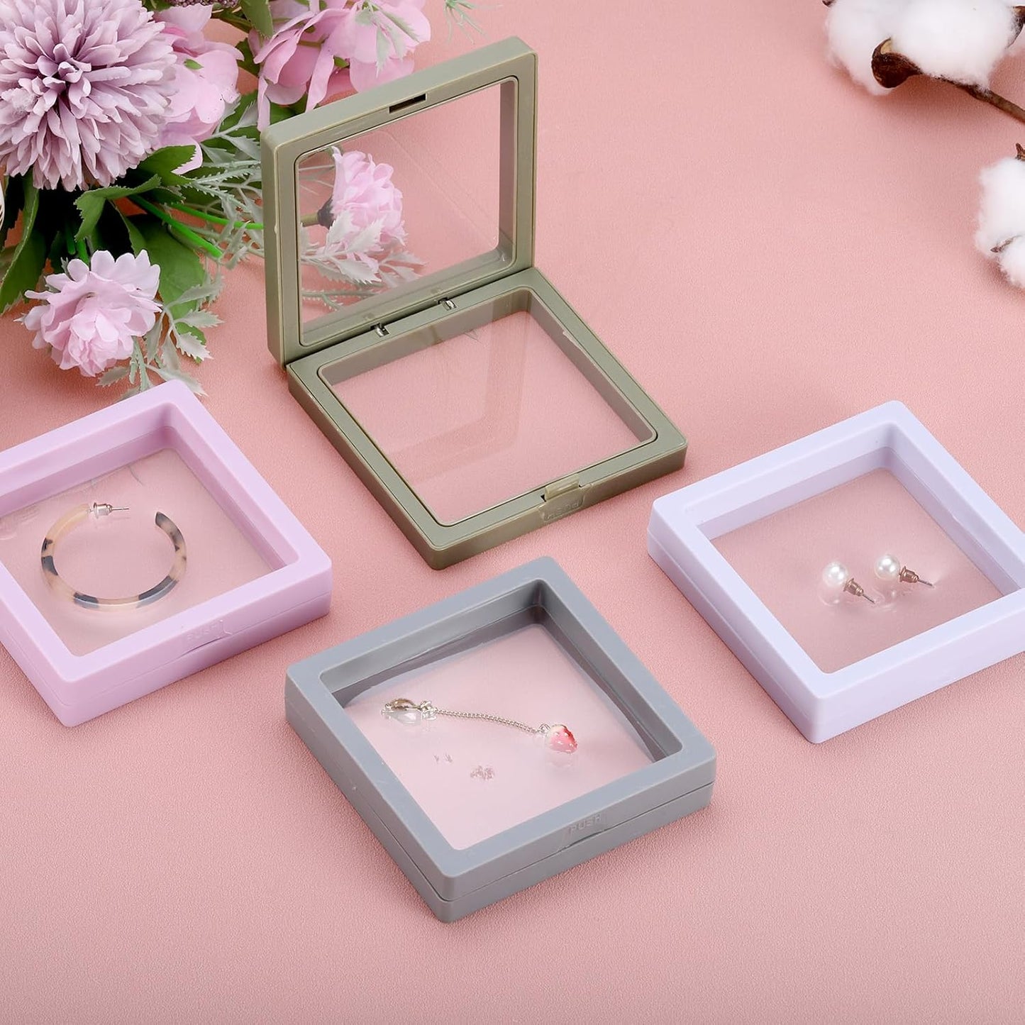 4 Pcs 3D Floating Display Case, 4.33 x 4.33 Inch Floating Frame Display Holder Stand, Transparent PE Jewelry Storage Box, White
