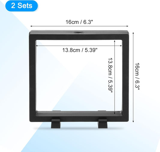2 Pcs 3D Floating Display Case, 6.3 x 6.3 x 0.8 Inch Floating Frame Display Holder Stand, Transparent PE Jewelry Storage Box, Black