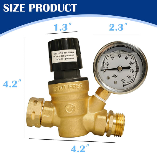 RV Water Pressure Regulator, Adjustable Handle Brass Water Pressure Regulator, Water Pressure Reducer with Gauge and Inlet Screened Filter for RV Camper Travel Trailer