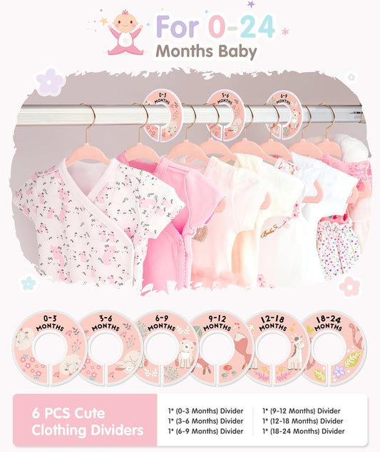 Baby Hangers, 11 Inch Velvet Kids Hangers with 6 Pcs Clothes Size Dividers, Infant Toddler Nursery Closet Organization, Non Slip, Pink, 30 Pcs