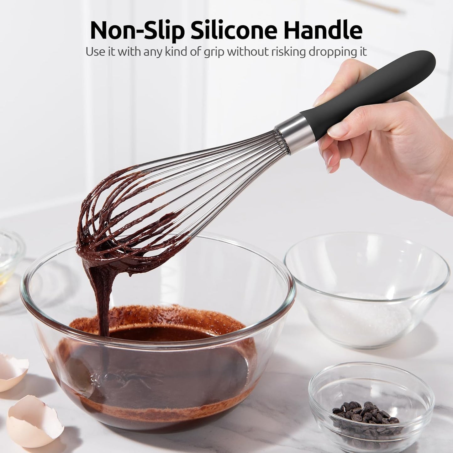 Balloon Whisk for Cooking: 18/10 Stainless Steel Kitchen Wire Whisk, 12in Large Heavy Duty Egg Beater, Manual Mixing Tool with 12 High Flex Wires for Stirring, Blending Sauce (Black)