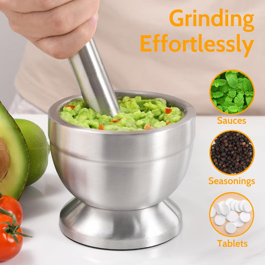 Mortar and Pestle, 18/8 Stainless Steel Spice Grinder Pill Crusher with Lid for Crushing Grinding Ergonomic Design with Anti Slip Base and Comfy Grip