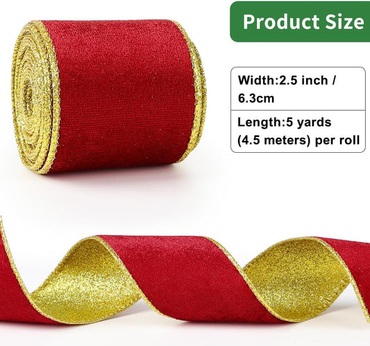 Red Velvet Wired Ribbon, Christmas Ribbon with Gold Metallic Glitter for Gift Wrapping Christmas Tree Decoration Topper Bows Making Wedding Decor Crafts Wreaths Supplies(2.5 Inch x 10 Yards)