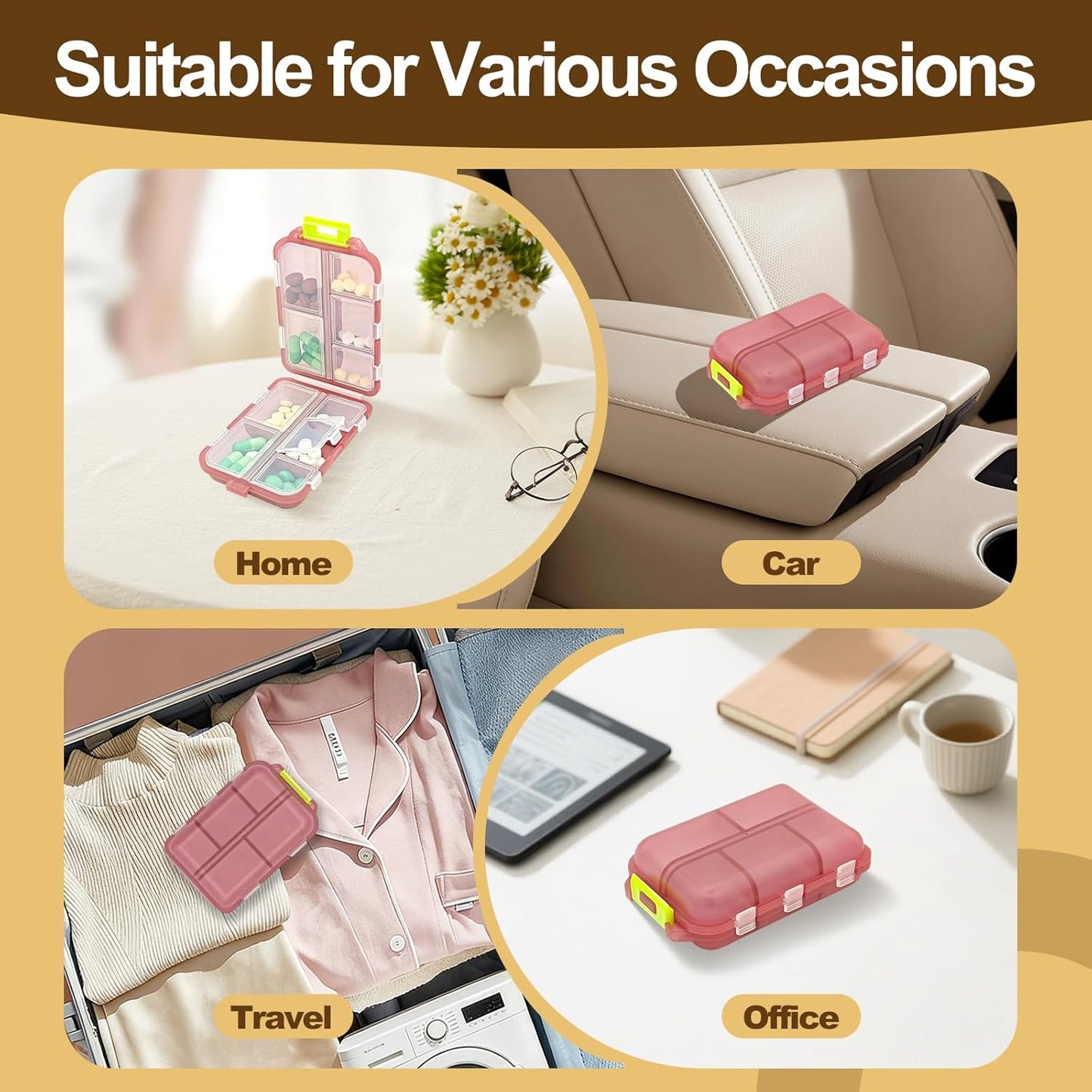 3Pcs Pill Organizer with Medicine Labels, 10 Compartments Travel Pill Box with Removable Labels, Portable Foldable Supplement Box Holder for Fish Oil Vitamin