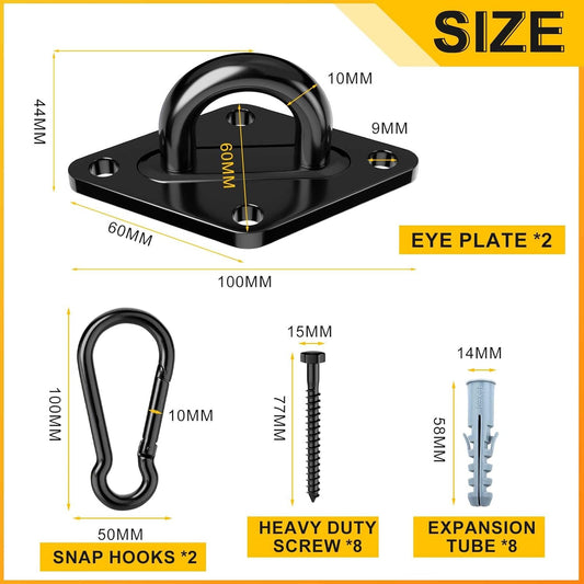 Heavy Duty Black Hammock Hooks Screws Bolts Included, Over 1700 lb Rust-Resistant Swing Hook Hardware, M10 Hanging Kit for Porch Yoga Seat Trapeze (Indoor/Outdoor)