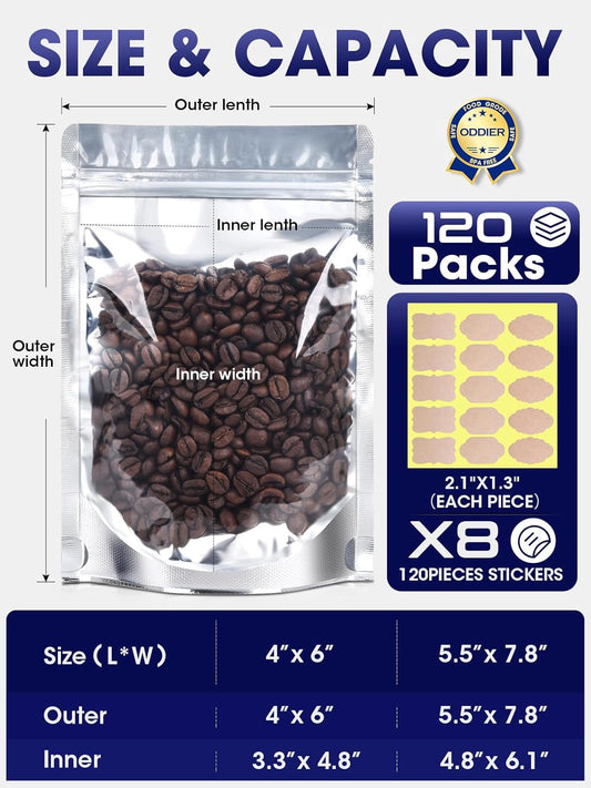 120pcs Stand Up Pouch Bags, 4" x 6" Mylar Bag for Food Storage, Clear Front with Aluminum Foil Back Resealable Food Storage Bags for Small Business Packaging Treat Snack Bag for Self Sealing
