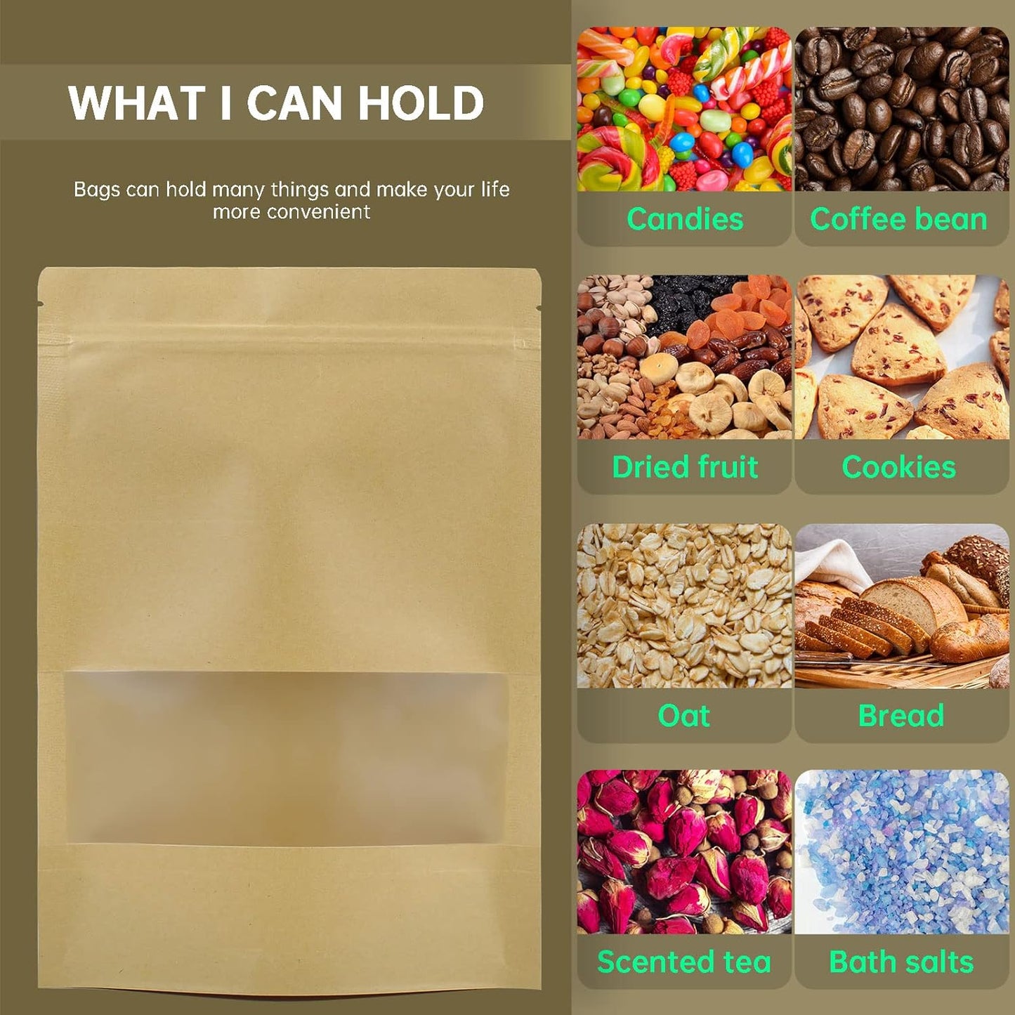 120pcs 4.7"x7.8" Kraft Bags with Window Zipper Lock Stand Up Bulk Pouches Resealable Bags, Smell Proof Mylar Bags for Food Storage, Stand-up Resealable Food Storage Bags with Clear Window