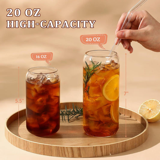 20 OZ Glass Cups with Bamboo Lids and Glass Straw - Beer Shaped Drinking Glasses Set, Iced Coffee Glasses, Cute Tumbler Cup, Aesthetic Coffee Bar Accessories, Gift - 2 Pack