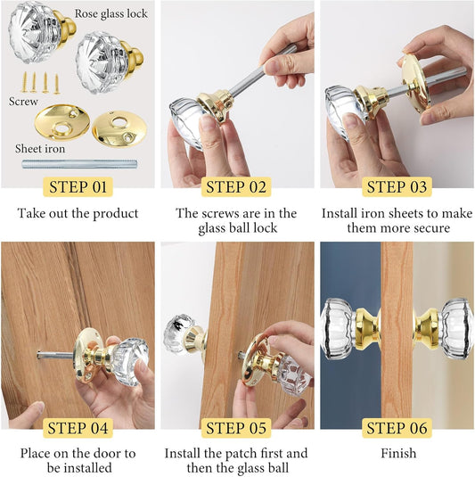 Amylove 1 Set Glass Door Knobs Antique Crystal Door Knobs Vintage Mortise Style Fluted Replacement Kit with 2-1/2 in Satin Brass Privacy for Bedroom Bathroom(Gold)