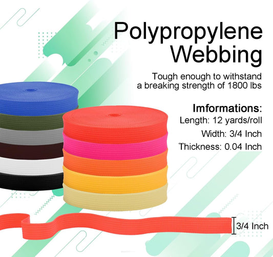 CooBigo Polypropylene Webbing Strap 3/4" Durable Poly Strapping 12 Yards 3/4 inch Wide Webbing Strap for Backbag,Pool Solar Cover,DIY Crafting,Pet Collar,Outdoor Gear