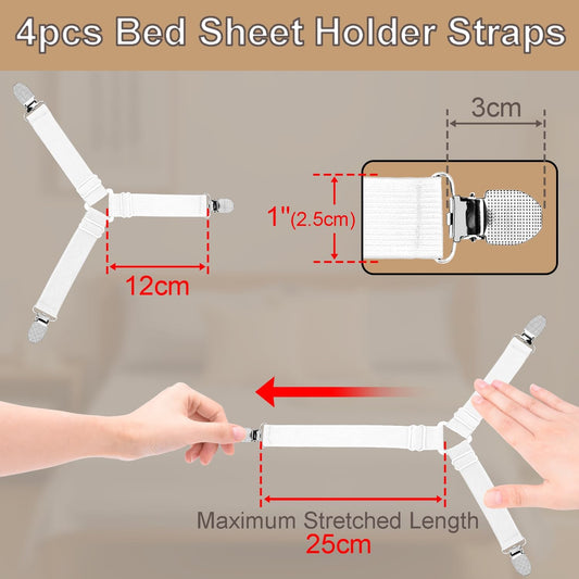 4pcs Bed Sheet Straps Holders, Adjustable Non Slip Elastic Bedsheet Grippers Triangle Mattress Suspenders, Keep in Place Fitted Bed Sheet Holders for Corners, Sofa Cushion, Mattress Cover Straps White