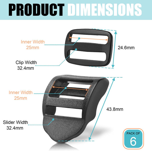 CooBigo 6 Pcs Ladder Slider Buckles+6 Pcs Tri glide Slider for Backpack Strap Clips, Plastic Clips for Straps Adjuster, Backpack Clips for 1 Inch webbing strap.