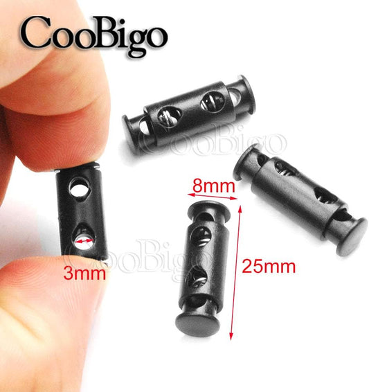 CooBigo 50pcs Cord Lock Ends 3mm Double Hole Fastener Slider Rope Clip Spring Clamp Stopper For DrawStrings Paracord Bag Elastic Rope Parts
