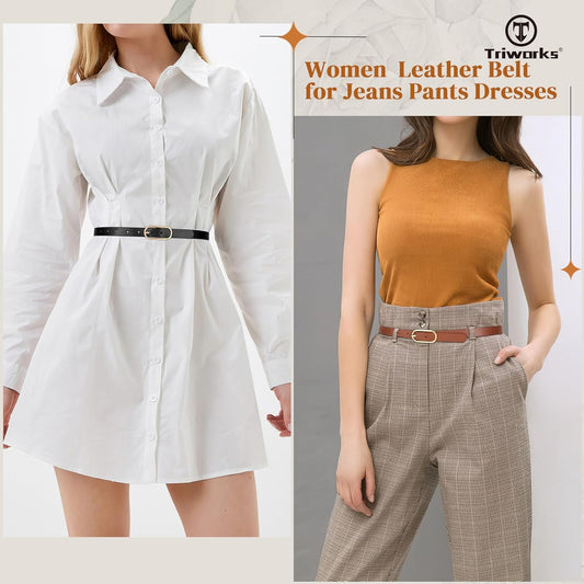 Women Skinny Leather Belt for Dress Pants Jeans Ladies Thin Waist Belts with Gold Buckle