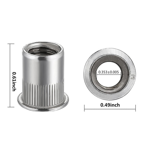 Rivet Nut 1/4"-20UNC 100Pcs Stainless Steel 304 Finish Flat Head Rivnut Threaded Insert Nut Knurled Body