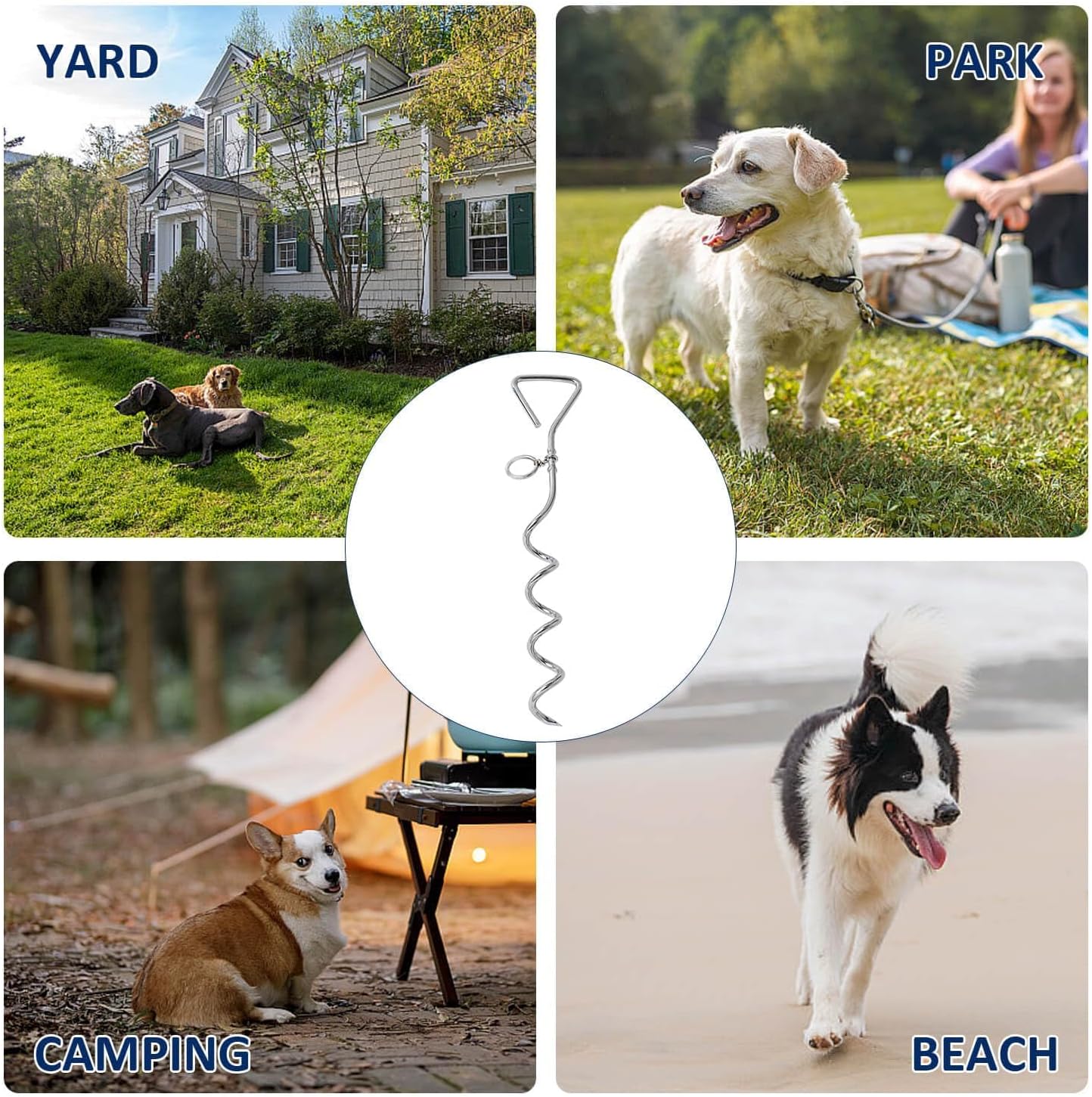 Dog Tie-Out Stake, Durable Silver Spiral Anchorstake, Secure Outdoor Tethering for All Cable Leash Chain, Camping Yard, Rt-Resistant, Easy Installation, Medium, 16 Inch