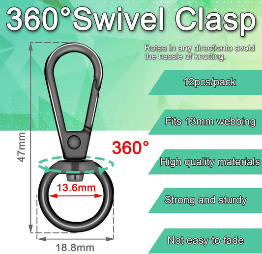 1/2 Inch Lobster Claw Clasp Swivel Snap Hook for Purse, 12 Pack Metal Swivel Lobster Clasps Purse Bag Strap Hardware Making Lanyard Hooks Keychain Clip, GunBlack