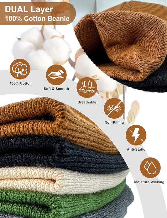100% Cotton Beanie Hat for Men Women - Soft Unisex Winter Knit Skull Cap, Stretch Fit Fashion Fisherman Beanie
