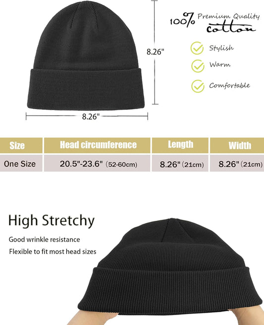 100% Cotton Beanie Hat- Unisex Ultra Soft Winter Warm Stretch Knit Cuffed Hats Fisherman Beanies Skull Cap