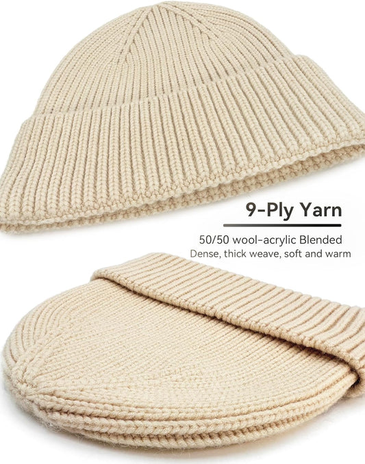 50% Wool Thick Beanie Hat for Men Women, Seamless Winter Knit Skull Cap, Cuffed Fisherman Beanie Warm Watch Cap