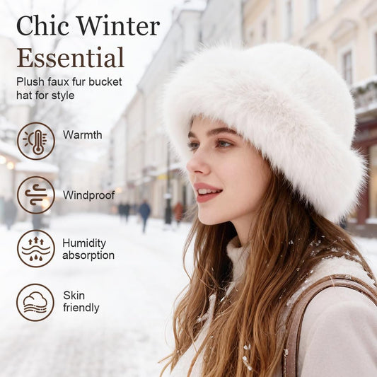 Womens Winter Faux Fur Bucket Hat, Thick Fluffy Fisherman, Winter Warmer Cap for Women