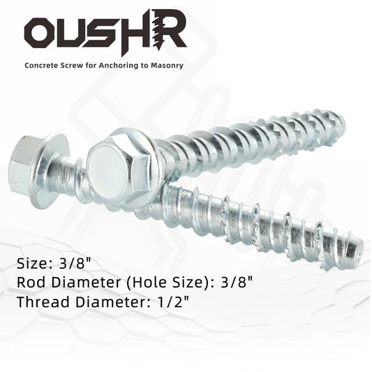 3/8" x 2-1/2" Concrete Screws, Zinc Plated Large Diameter Concrete Screw for Anchoring to Masonry, Concrete, Brick or Block, 25 PCS (Including One Socket Wrench)