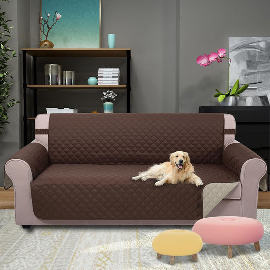 Reversible Sofa Cover Washable Couch Cover for Dogs Friendly with Elastic Straps Water Repellent Furniture Protector for 3 Chion Couch (Sofa, Coffee/Beige)