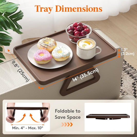 Plastic Rotating Couch Armrest Table, Adjtable Sofa Arm Clip Holder Tray for Snack/Fast Food/Fruit/Drink, Large Foldable Stable Sofa Table with Reinforced Clamp, Brown