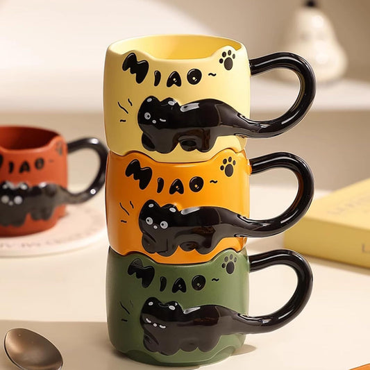 13 Oz Embossed Ceramic Cute Cat Coffee Mug Tea Mug, Creative Couple Family Cup with Handle for Home Office (red,13 Oz)