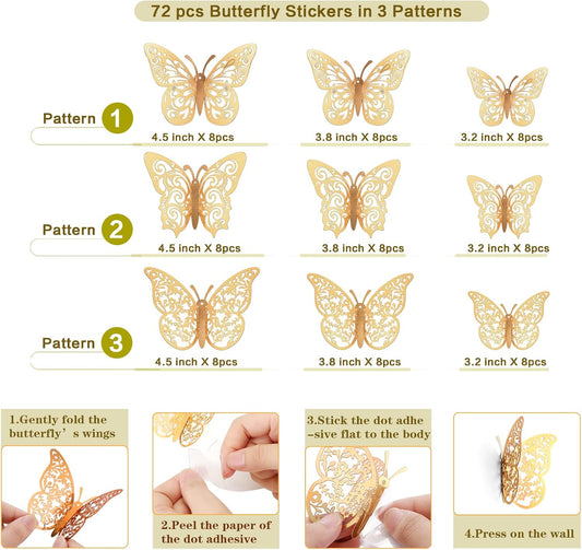 72 Pcs Gold Butterfly Decorations, 3 Sizes 3 Styles, 3D Butterfly Wall Decor, Party Decorations, Birthday Decorations, Butterflies for Crafts, Cake Decorating, Wall Room Decor