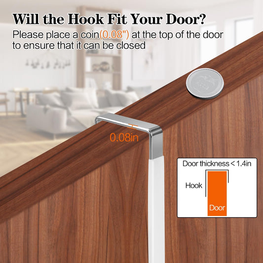 4 Pack Over The Door Hooks, Fits Doors Less Than 1.4in Thick, White Rubber Surface Prevent Scratch Door Hanger Hooks for Bathroom, Living Room, Kitchen, Hanging Clothes, Towels, Bags