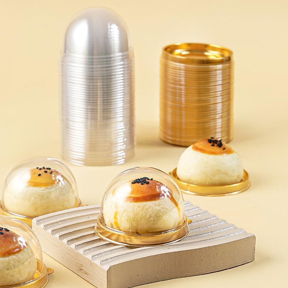 50 Pack Mini Cake Containers, Clear Plastic Small Cupcake Boxes with Dome Lids for Individual Chocolate Covered Cookies, Strawberry, Mooncake (Gold)
