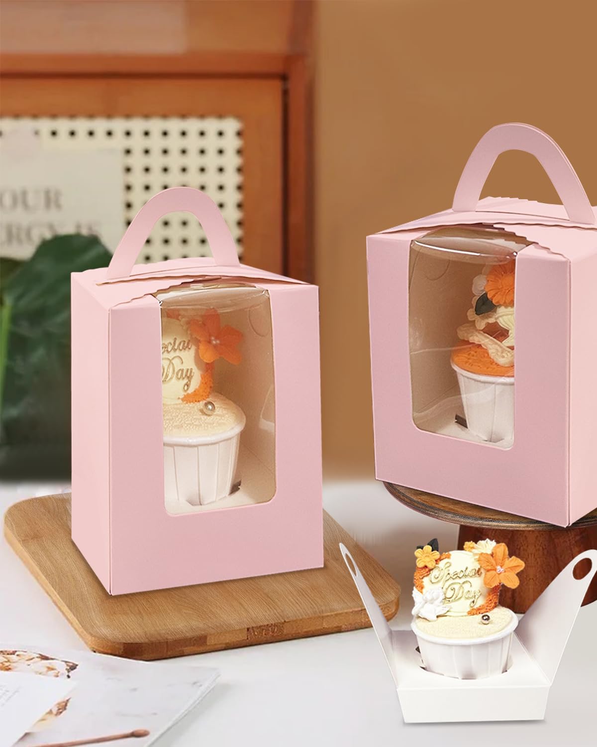 Auto-pop up Individual Cupcake Boxes with Window 25 Count Pink Single Cupcakes Box 3.7 x 3.7 x 4.3inch Cupcake Carrier