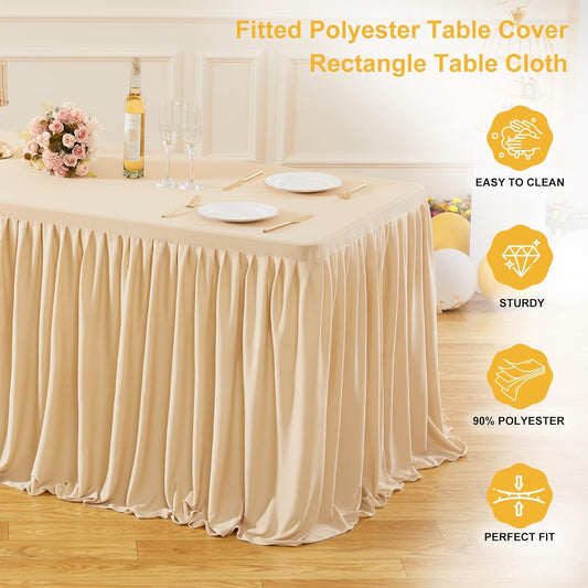 2 Pack Champagne Rectangle Table Clothes for 6 Foot Tables, Polyester Fitted Tablecloths 6t Stretch Table Cover for Wedding, Birthday, Parties, Trade Show, Craft Show