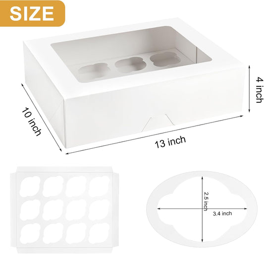 12 Count Cupcake Boxes, 12 Pack White Cupcake Containers with Windows and Inserts, Disposable Cupcake Carriers for Muffins, Treats, Pastries, 13 x 10 x 4 Inches