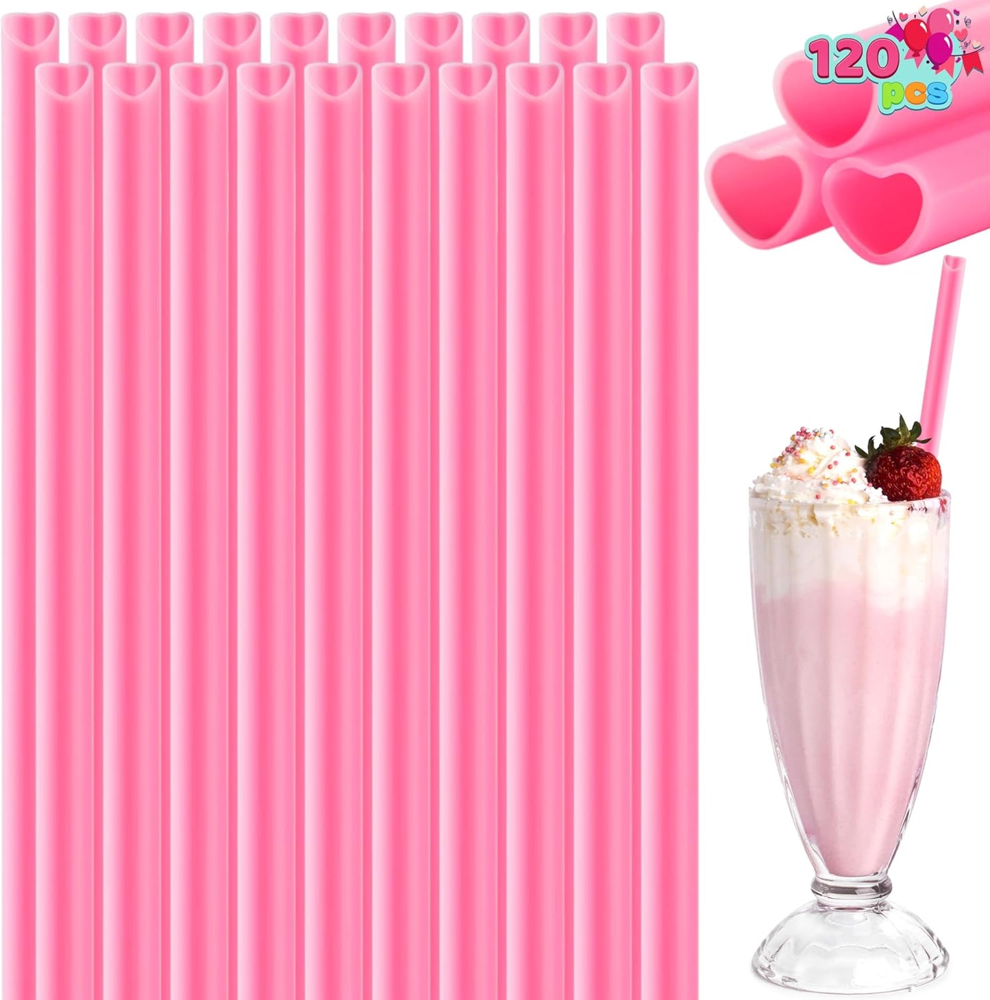 120 PCS Valentine Heart Shaped Pink Straws, Reusable Drinking Cute Straw for Valentine's day Cocktail, Birthday Party, Bridal Shower, Wedding Supplies, Valentine Party