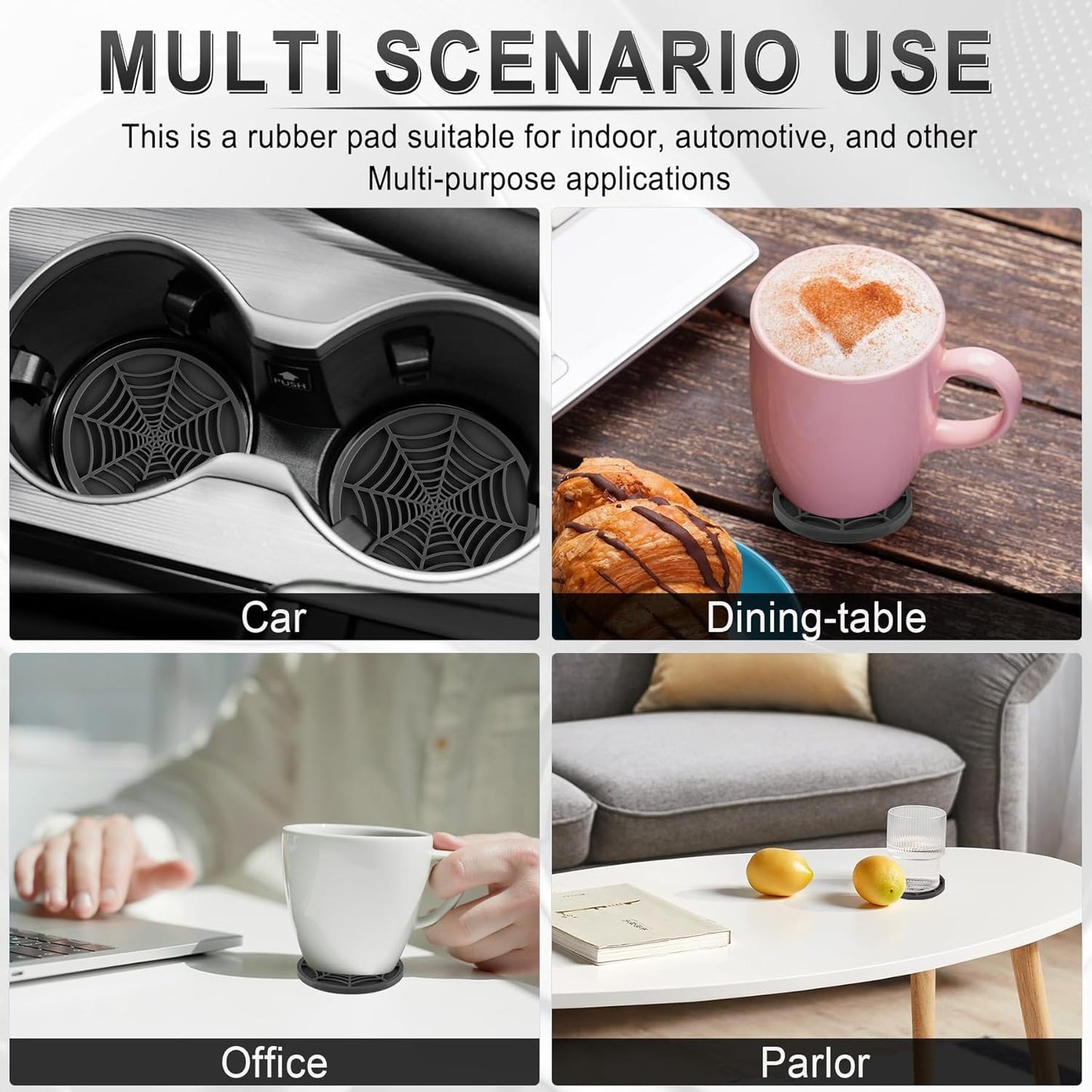 4PCS Spider Web Car Coasters for Cup Holders, Halloween Funny Non-Slip Silicone Insert Ornaments Coasters, Automotive Cupholder Goth Accessories for Men & Women(Black)