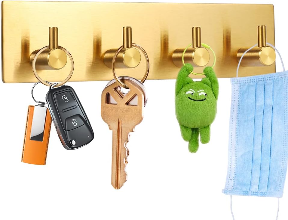 Key Holder for Christmas Wall Decorative, Adhesive Stainless Steel Key Hooks, Key Hanger Key Organizer Towel Hook Coat Hanger for Entryway Hallway Kitchen (Four Rows, Golden 1 PC).