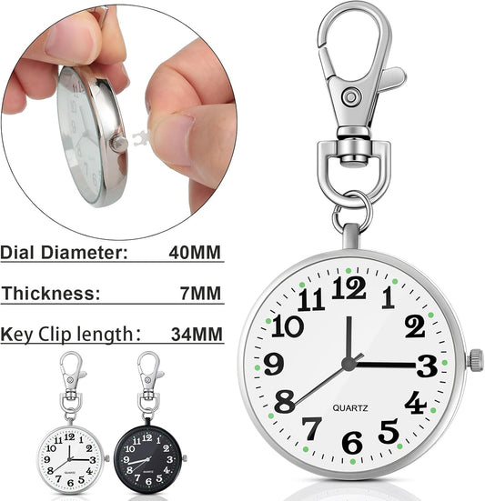 2 Pieces Quartz Pocket Watch with Key Buckle Round Keychain Clip on Watch Portable Unisex