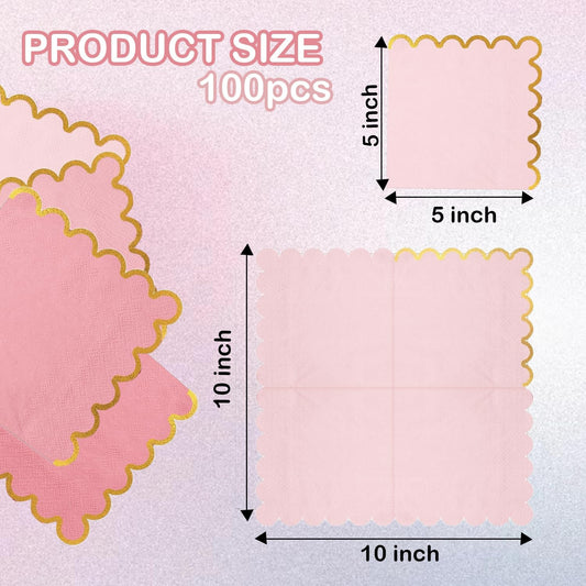 100 pack Pink Mix Cocktail Napkins with Gold Foil Accents Scalloped Edges 5 x 5 inch Beverage Disposable Napkin Party Decoration Wedding Bridal and Baby Shower Dinner Lunch Supplies