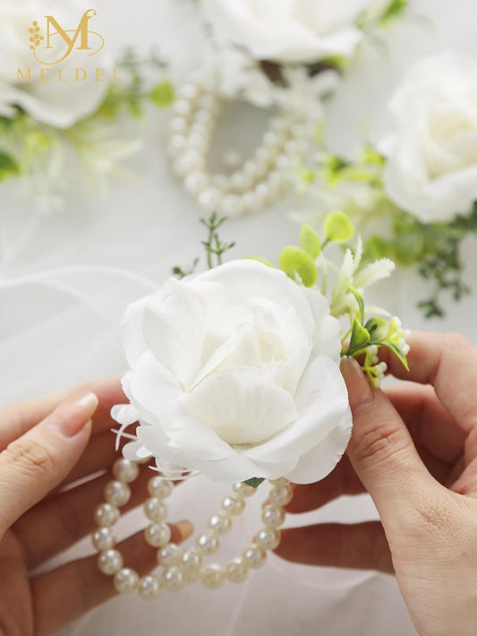 White Ivory Rose Wrist Corsage, Set of 6, Wedding Bridal Flower Corsage Hand Decor for Prom Party Homecoming, Wristband Flowers Bride, Bridesmaid, Girl.