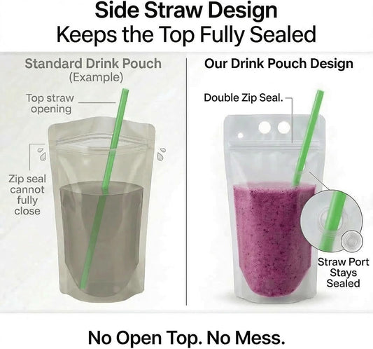 100PCS Drink Pouches with Side Straw Port, Resealable Leak-Resistant Beverage Bags with Straws & Funnel, 17oz Bulk Party Drink Containers for Cocktails, Juice & Slushies.