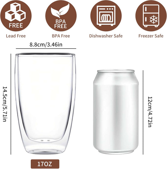 17oz Double Wall Glass Coffee Mugs, Insulated Coffee Mug, Clear Borosilicate Glass Coffee Cups for Cappuccino, Tea, Lightweight and Microwave Safe.