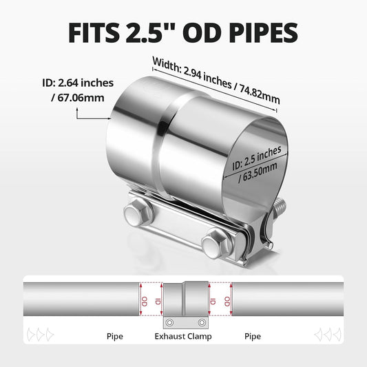 2.5'' Exhaust Clamp, Lap Joint Band Clamp Stainless Steel for Pipes, Mufflers, Catalytic Converters (1PCS, 2.5 inch)